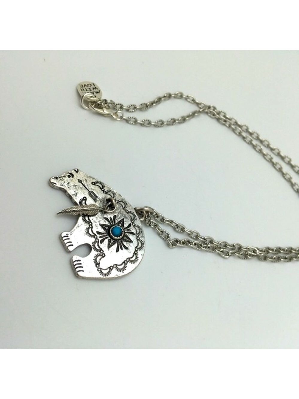 Antiqued Silver Bear Pendant Turquoise Accent Necklace - Picture 5 of 9